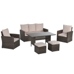 Outsunny 7-Seater Patio PE Rattan Sofa Furniture Set w/ Plastic Wood Dining Table & Cushion