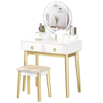 HOMCOM Dressing Table Set with Mirror, Built-in 3 Color LED Light, Vanity Makeup Table with 4 Drawers and Cushioned Stool for Bedroom, White