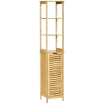Kleankin Bathroom Floor Cabinet with 3 Shelves and Cupboard, Slim and Freestanding Organiser, Tallboy with Storage, Natural