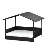 PawHut Rattan Hundehaus mit Kissen, Hundebett im Hausform, Outdoor Hundehütte, Stahlrahmen, PP, Kaffee-Braun, 98 x 69 x 73 cm