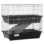 PawHut Kleintierkäfig Nagerkäfig mit Zubehör Kaninchenkäfig Kleintierstall Mäusekäfig Meerschweinchenkäfig Rattenkäfig Käfig für Kleintiere zweistöckig Kunststoff Metall Schwarz+Grau 72 x 44 x 67 cm