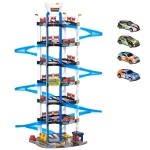 HOMCOM 7-Level Garage Toy Parking Lot PlaySet Dual Race Tracks Toddler Car Games w/ Electric Elevator Wash, Gas, Ejector & Car Repair Station Metal Cars for 3-6 Years Old