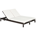 Outsunny Conjunto de Espreguiçadeiras Exterior de Vime 2 Lugares com Almofadas Acolchoadas Resistente à Água com Encosto Ajustável em 5 Níveis Suporta 220kg 196x120x28cm Marrom e Branco Creme