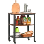 Homcom Carucior Etajera Pentru Obiecte cu Rotite 3 Rafturi Stil Industrial din Metal si Lemn Negru si Maro 60 x 40 x 76.5cm