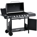 Outsunny gasgrill BBQ-grillwagen met 6 branders 1 zijbrander kast multifunctioneel metaal zwart 135 x 50 x 100 cm