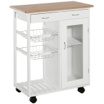 HOMCOM Carrinho de Cozinha de madeira com porta de vidro e 2 prateleiras e 4 rodinhas Branco 70x37x85 cm