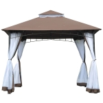 Outsunny Gazebo da Giardino 3x3m con Zanzariera, Tetto a 2 Livelli in Poliestere Struttura in Metallo Marrone