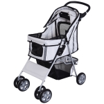 PawHut Cochecito Plegable Mascotas Carrito para Perros Gatos con Cuatro Ruedas Cesta de Almacenaje Ventanas y Portavasos Tela Oxford Marco de Acero 75x45x97 cm Gris