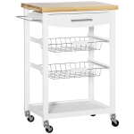 HOMCOM carucior de bucatarie cu sertar si cosuri, carucior pentru alimente cu roti pivotante si raft din lemn, 63x40x86cm, alb