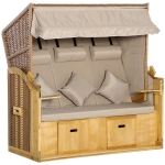 Outsunny strandstoel 3-zits ligbed met dak 2 klaptafels voetenbank chaise longue 5-traps rugleuning XXL polyrotan naturel 150 x 79 x 160 cm