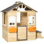 Outsunny speelhuis voor kinderen, houten kinderspeelhuis met raam, brievenbus, buitentuin speelhuis met bloempottenrek, houten speelhuis voor 3-7 jaar, dennenhout, naturel, 113 x 94 x 134,5 cm