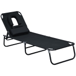 Outsunny Sun Lounger Foldable Reclining Chair with Pillow and Reading Hole Garden Beach Outdoor Recliner Adjustable Black
