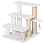PawHut Haustiertreppe mit Kratzbaum Ball 3-stufige Katzentreppe Hundetreppe Tiertreppe Spanplatte Plüsch Jute Weiß 45 x 40 x 48 cm