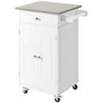 HOMCOM Chariot de service desserte de cuisine à roulettes multi-rangements 1 tiroir placard 2 portes avec étagère porte-torchons MDF blanc acier inoxydable