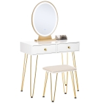HOMCOM Coiffeuse Table de maquillage moderne - Miroir LED réglable intégré - Tabouret Inclus - pied en métal doré - 2 tiroirs + 1 Organisateur Blanc