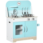 HOMCOM Bucatarie de joaca pentru copii 3-6 ani cu lumini realiste si ustensile de bucatarie, MDF si PP, 65x29x81 cm, alb si albastru