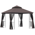 Outsunny Gazebo da Giardino 3x3m con Zanzariera e Tetto a 2 Livelli, Mensole Laterali e Ganci, Caffè