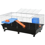 PawHut Rabbit Cage, Portable Guinea Pig Cage, Chinchillas Cage for Small Animal, with Wheels Water Bottle Food Dish Platform Ramp, 119 x 59 x 50 cm Black