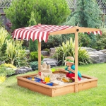 Outsunny Groapa de Nisip din Lemn pentru Copii cu Copertina Reglabila in Inaltime, 107.5x107.5x110cm