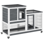 PawHut Indoor Wooden Rabbit Hutch Guinea Pigs House Bunny W/ Wheels Enclosed Run 110 x 50 x 86 cm