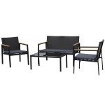 Outsunny Set 4 Pezzi Salottino da Giardino in PE Rattan con Braccioli in Legno Nero
