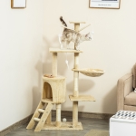 PawHut Copac Ascutit Unghii cu Cusca pentru Pisici in Lemn Sisal Natural, Bej, 40x30x131cm