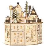 HOMCOM Weihnachts-Adventskalender mit 24 Zugkästen Weihnachtskalender mit LED-Lichtern Adventskalenderbox Sperrholz-Platte Naturholz 25 x 20 x 29 cm