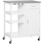 HOMCOM Carrinho de Cozinha com Rodas 1 Gaveta Prateleiras Suporte para 4 Garrafas e Armário Carga 40kg 76x48x88cm Branco e Cinza