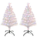 HOMCM Set de 2 brazi de Craciun artificiali cu 90 de lumini LED colorate, fibre optice, 90 de ramuri si baza metalica pliabila, Φ50x90 cm, alb