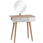 Homcom Tavolo da Trucco con Specchio Tondo e Cassetto con Decorazione Jungle Bianco e Rovere