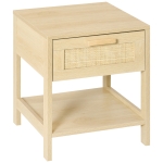 HOMCOM Nachttisch Nachtschrank Beistelltisch natürlicher Nachtkommode mit Schublade offenen Ablage Rattan-Design MDF Natur 40 x 40 x 48 cm