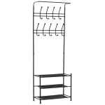 HOMCOM Kleiderständer 18 haken Wandgarderobe mit Schuhablage Metall Schwarz L67 x B30 x H185 cm