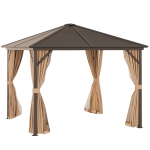 Outsunny 3 x 3 Meters Patio Aluminium Gazebo Hardtop Metal Roof Canopy Party Tent Garden Outdoor Shelter with Mesh Curtains & Side Walls - Brown