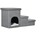 PawHut Scari de pat pentru caini, Scari pentru animale de companie cu 3 trepte, cu casuta pentru pisici si 2 cutii de depozitare, Rampa 3 in  1 pentru caini cu perna din plus lavabila, gri deschis
