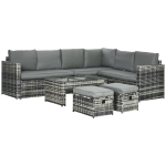 Outsunny 6 Piece Rattan Garden Furniture Set, 8-Seater Outdoor Sofa Sectional with 3 Cushioned Loveseat 
 2 Footstools Table Grey