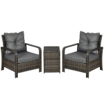 Outsunny 3 Pieces Rattan Bistro Set, Wicker Garden Furniture Set with Storage 
 Coffee Table and Chairs, Thickened Cushions for Outdoor, Patio, Balcony, Grey