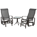 Outsunny 3 Pieces Garden Gliding Chair Set, Metal Frame 2 Single Armchair Swing Seater and 1 Glass Top Coffee Table w/ Breath Mesh Fabric Seat, Brown
