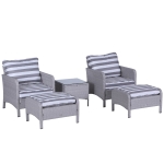 Outsunny 5 Pcs PE Rattan Garden Furniture Set, 2 Armchairs 2 Stools Glass Top Table Cushions Wicker Weave Chairs Outdoor Seating, Grey and White