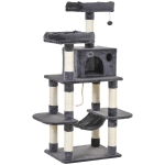 PawHut kattenboom kattenhuis hangmat met sisalpalen pluchen speelbal, donkergrijs