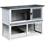 PawHut Small Animal Two-Level Fir Wood Hutch w/ Slide Out Tray Grey
