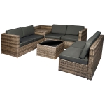 Outsunny 8 Pieces Outdoor PE Rattan Sofa Set with Cushions, Patio Garden Furniture Sets with Glass Top Coffee Table, Storage Corner Table, Mixed Brown