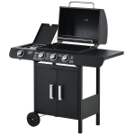 Outsunny Gas Burner Barbecue Grill with 3+1 Burner, Garden BBQ Trolley with Side Burner, Warming Rack, Side Shelves, Storage Cabinet, Piezo Ignition, Thermometer, 110x50x100cm