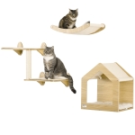 PawHut Prateleiras de Parede para Gatos 3 Peças com Caverna Rede Plataforma e Poste de Sisal Carvalho
