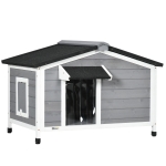 PawHut Casa para Cães de Madeira Casa para Animais de Estimação com Teto Asfáltico 2 Janelas Porta com Cortina 97x72x65 cm Cinza