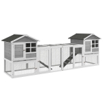 PawHut Adapost din Lemn pentru Iepuri  pentru Exterior cu 2 Custi si Zona Deschisa Imprejmuita cu Usi si Rampe, 259x64x92 cm, Gri