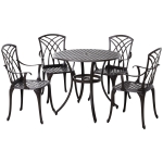 Outsunny 5 Pieces Outdoor Dining Table Set, Cast Aluminium Patio Conversation Furniture Set with 4 Armchairs, a Round Dining Table with Parasol Hole, Brown