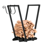 Outsunny Raft pentru Busteni cu Carlige pentru Exterior si Interior din Otel, Suport pentru Lemne Design Modern cu Baza Inaltata, 45x32x58cm, Negru