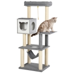PawHut Kratzbaum groß 155 cm Katzenbaum mit Hängematte Kletterbaum für Katzen Mehrstufiges Katzenkratzbaum mit Katzenkiste, Weichkissen Katzenmöbel Sisal Grau&Weiß