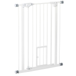 PawHut Deurhekje met Kattenluikje, Montage Zonder Boren, Variabele Breedte 74-80 cm, Met Één Hand Te Openen, Metaal, Wit
