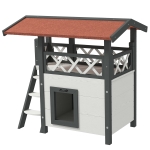 PawHut Kattenhuis Kattenhut Huisdierhut, met dak van asfalt, 2 verdiepingen, 1 ladder, Wit+Rood